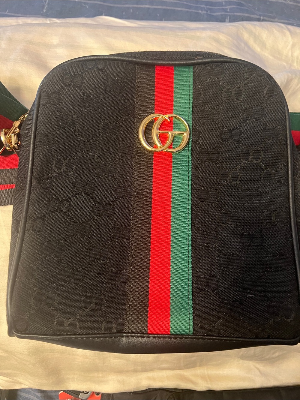 Gucci Black GG Canvas Crossbody with Red & Green Web Stripe